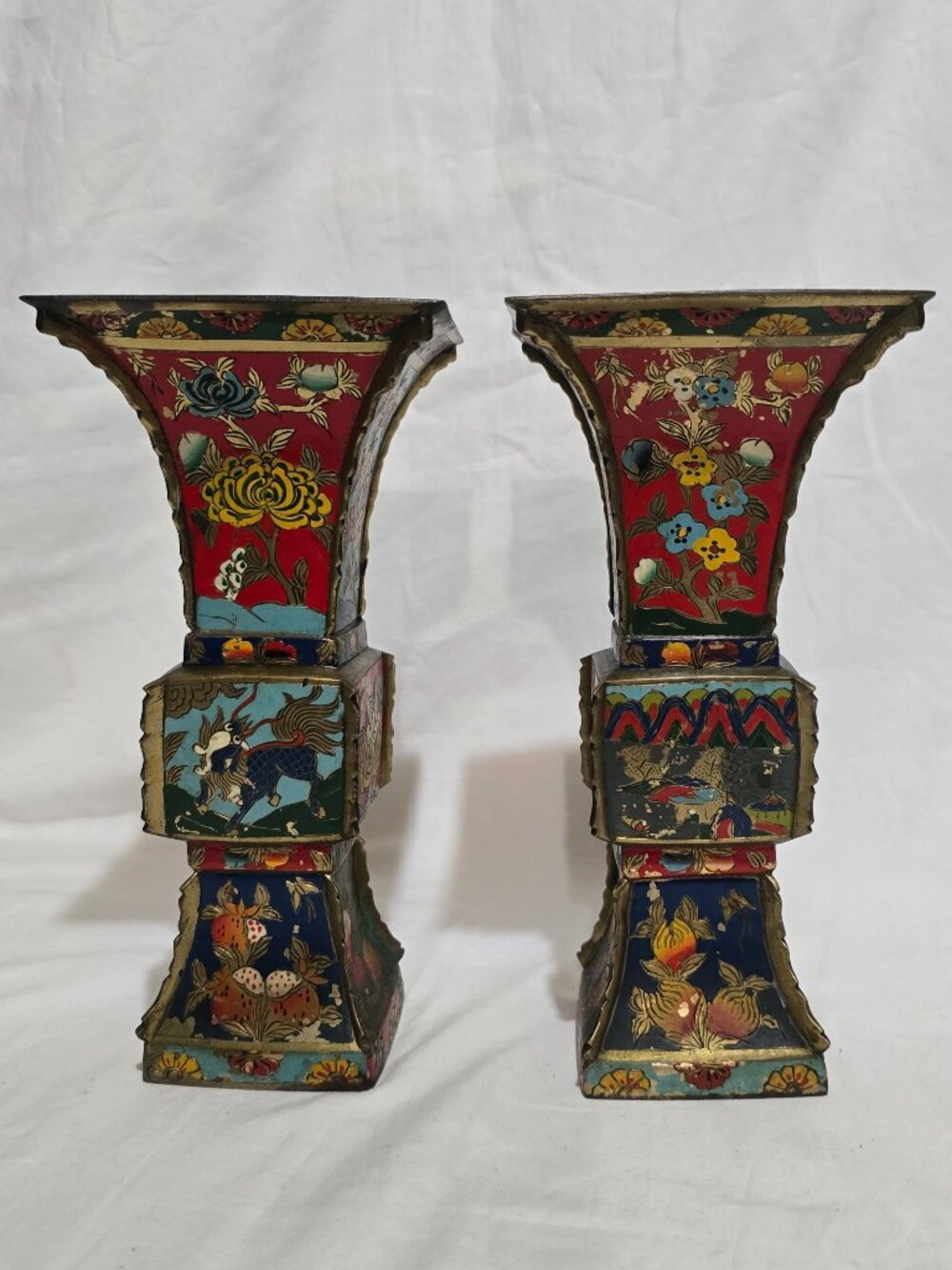 Vintage Chinese Brass Cloisonne Vase - Set of 2